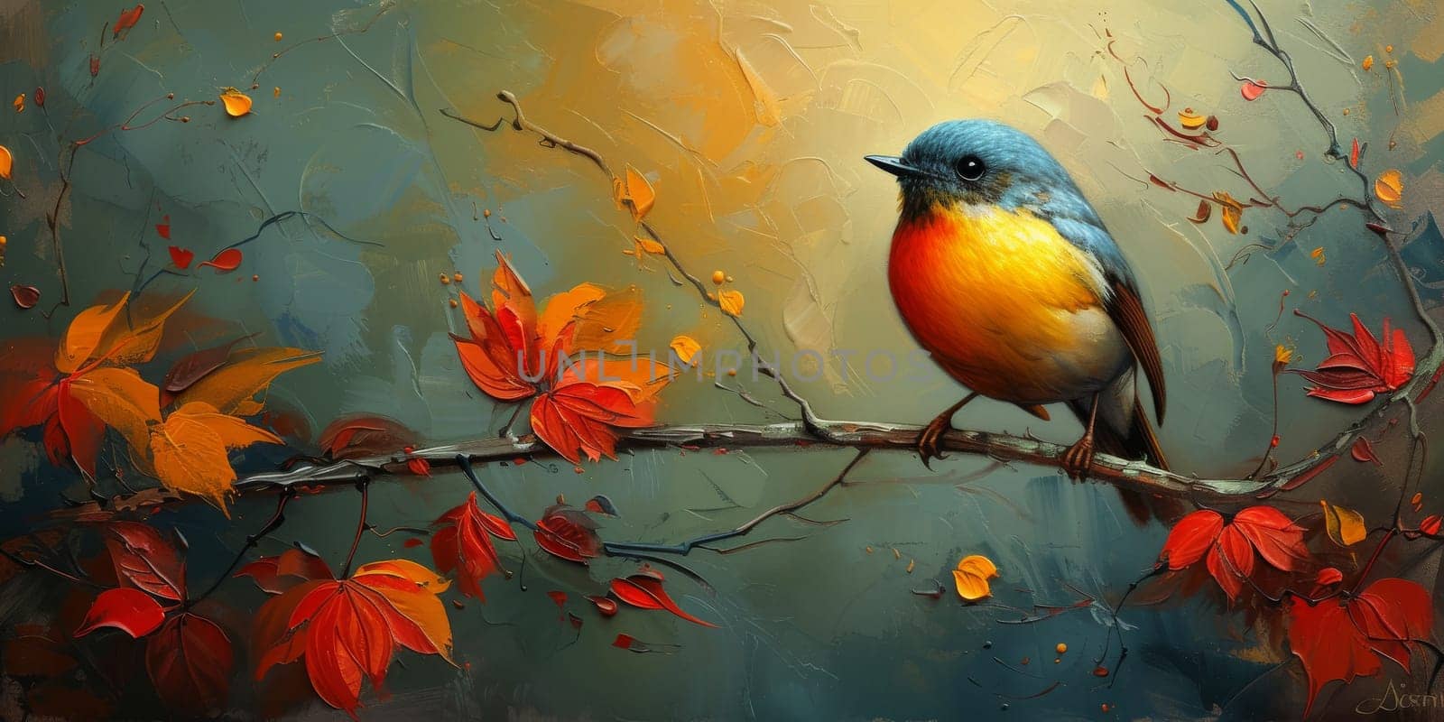 Little beautiful bird with hand draw and paint color background illustration.