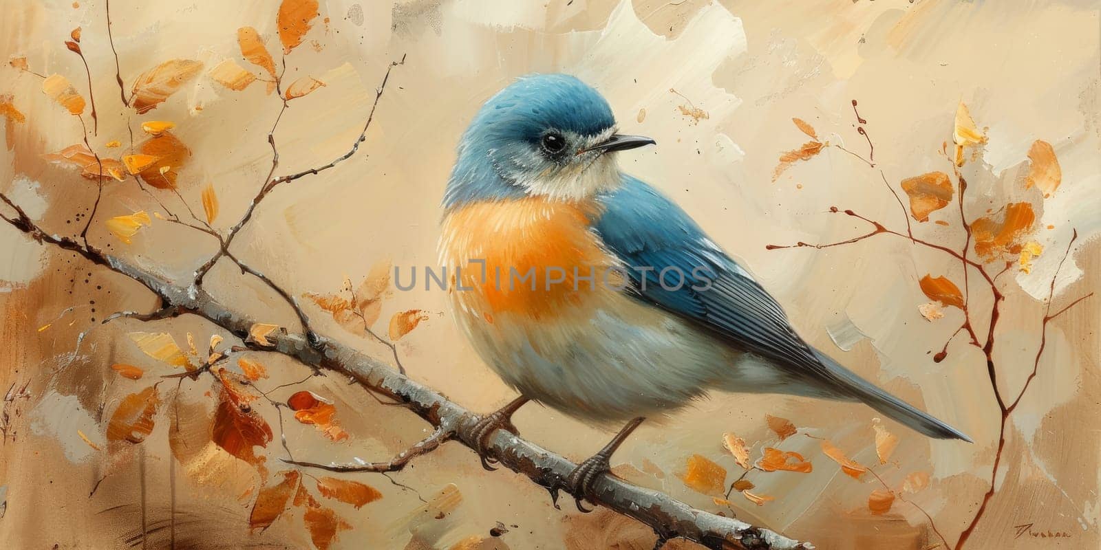 Little beautiful bird with hand draw and paint color background illustration.