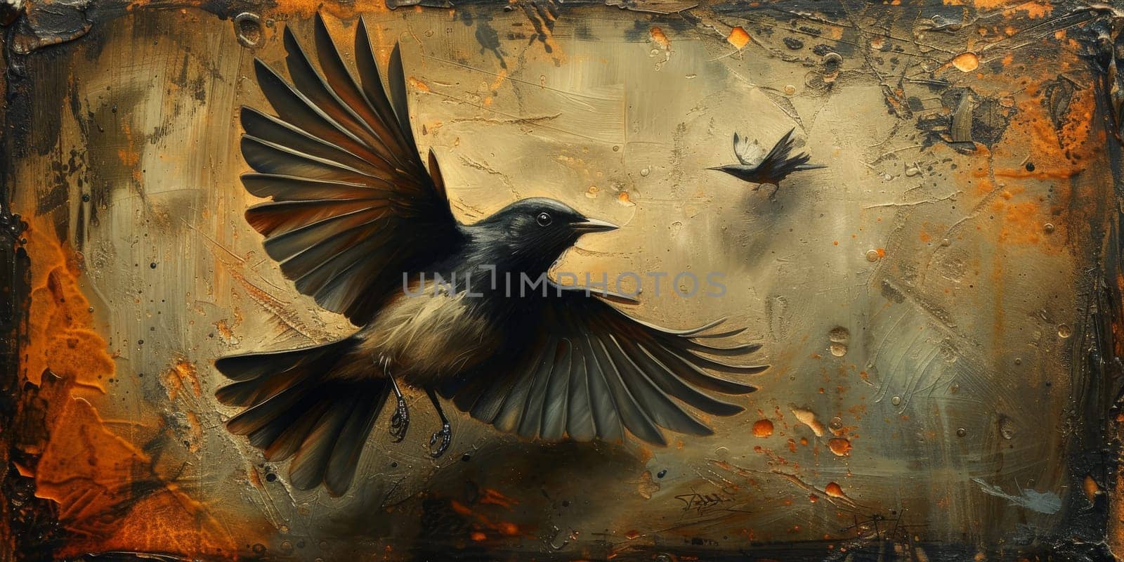 Little beautiful bird with hand draw and paint color background illustration.