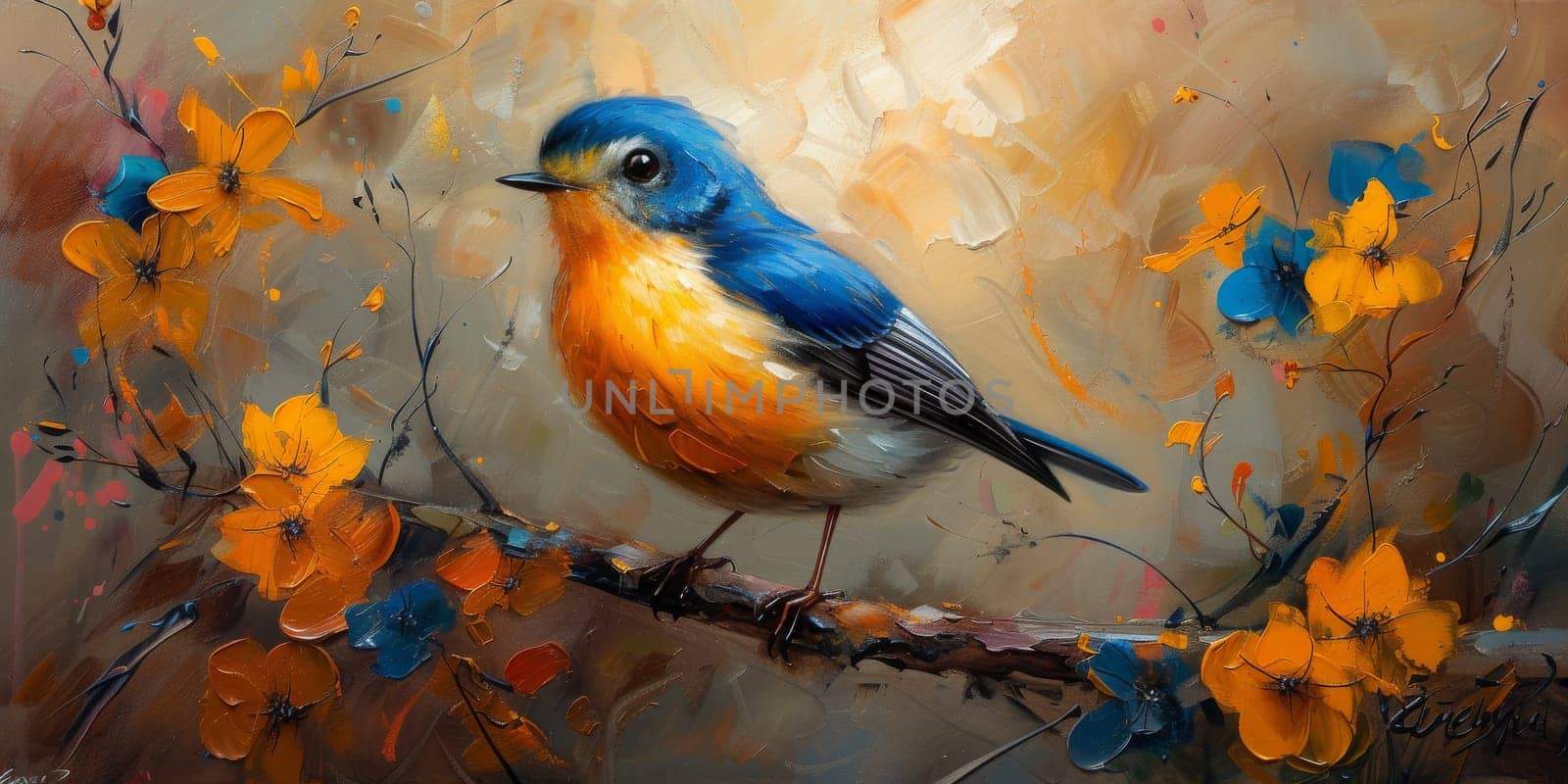 Little beautiful bird with hand draw and paint color background illustration.