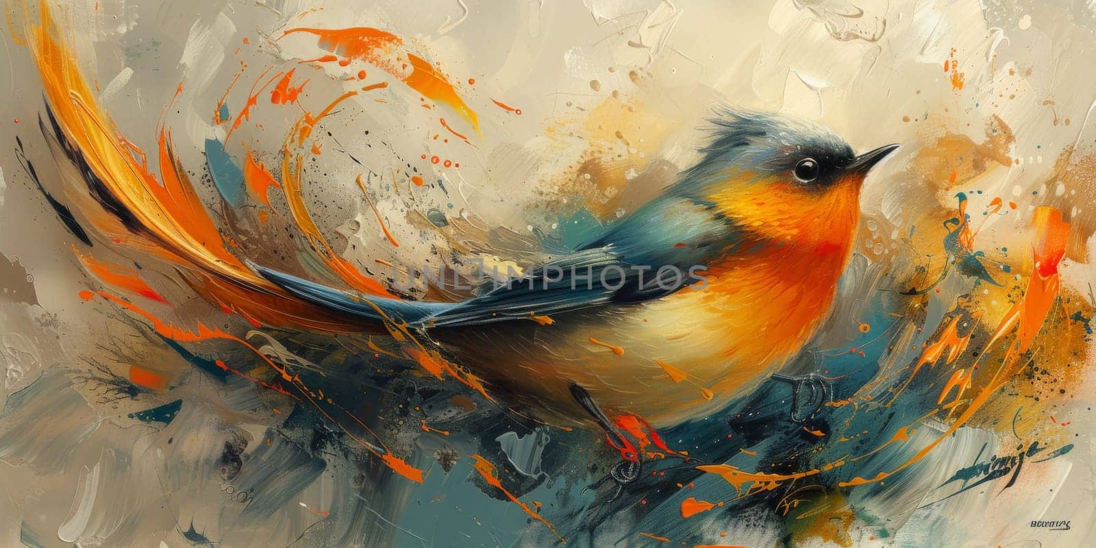 Little beautiful bird with hand draw and paint color background illustration.