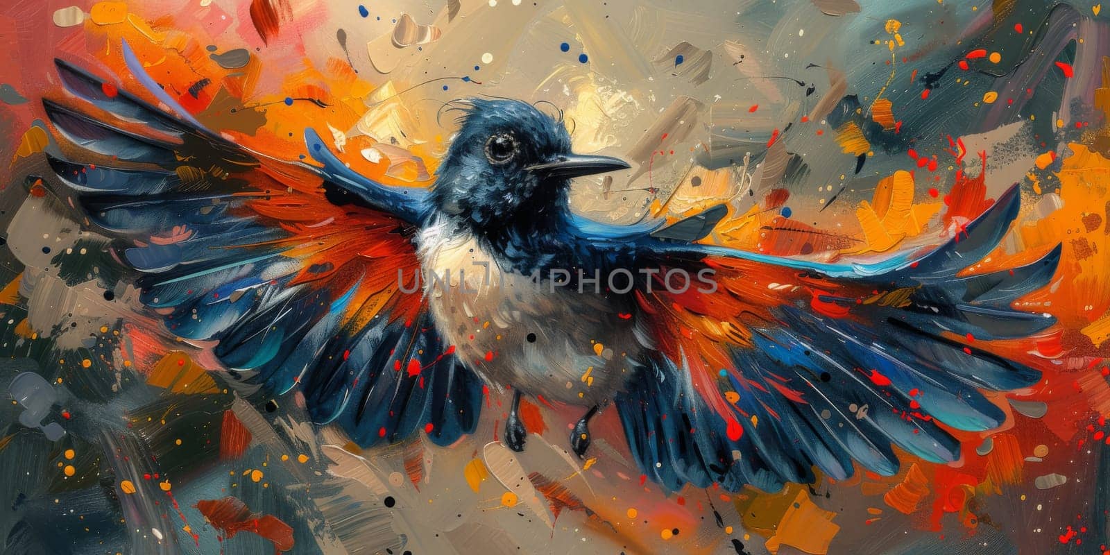 Little beautiful bird with hand draw and paint color background illustration.