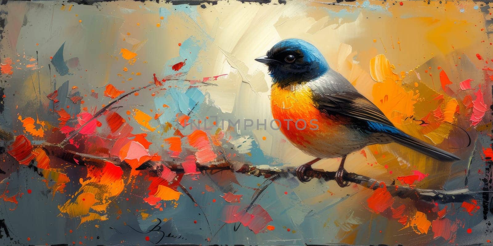 Little beautiful bird with hand draw and paint color background illustration.