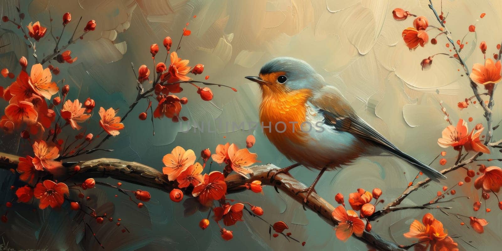 Little beautiful bird with hand draw and paint color background illustration.