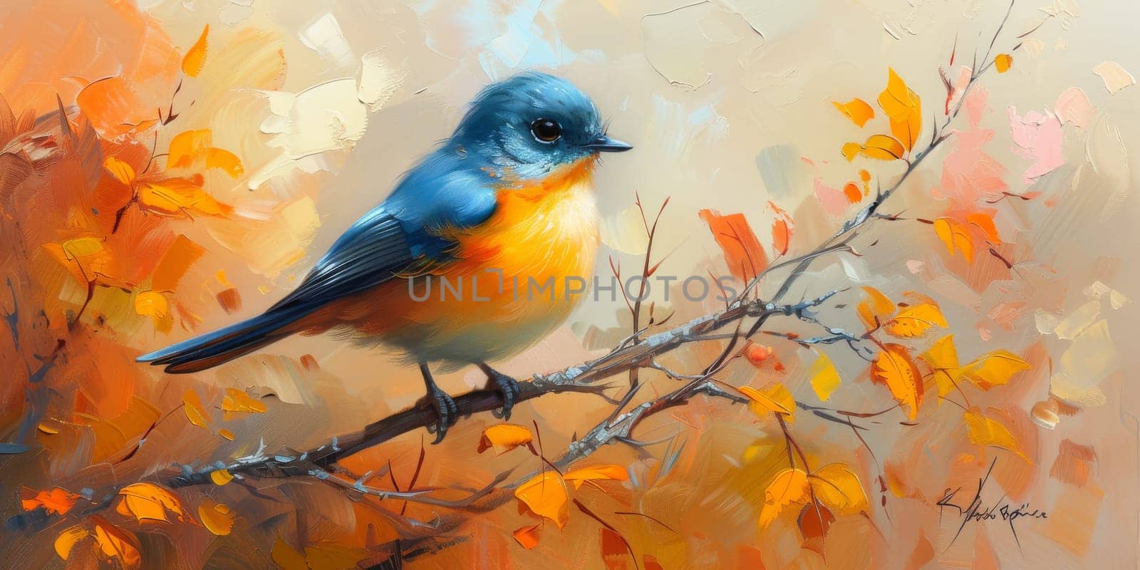 Little beautiful bird with hand draw and paint color background illustration.