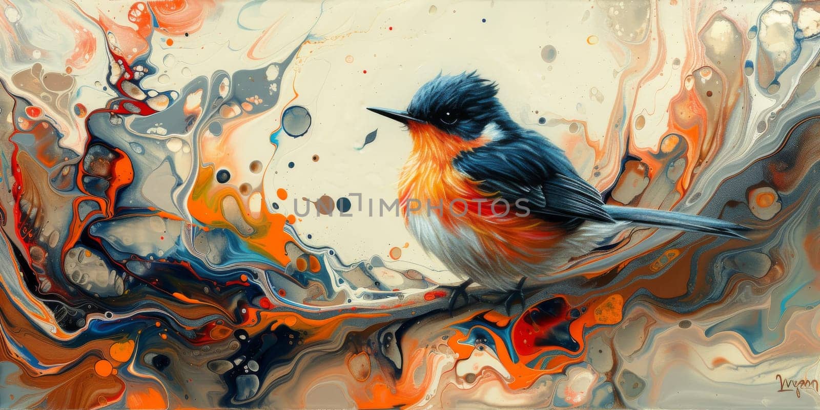 Little beautiful bird with hand draw and paint color background illustration.