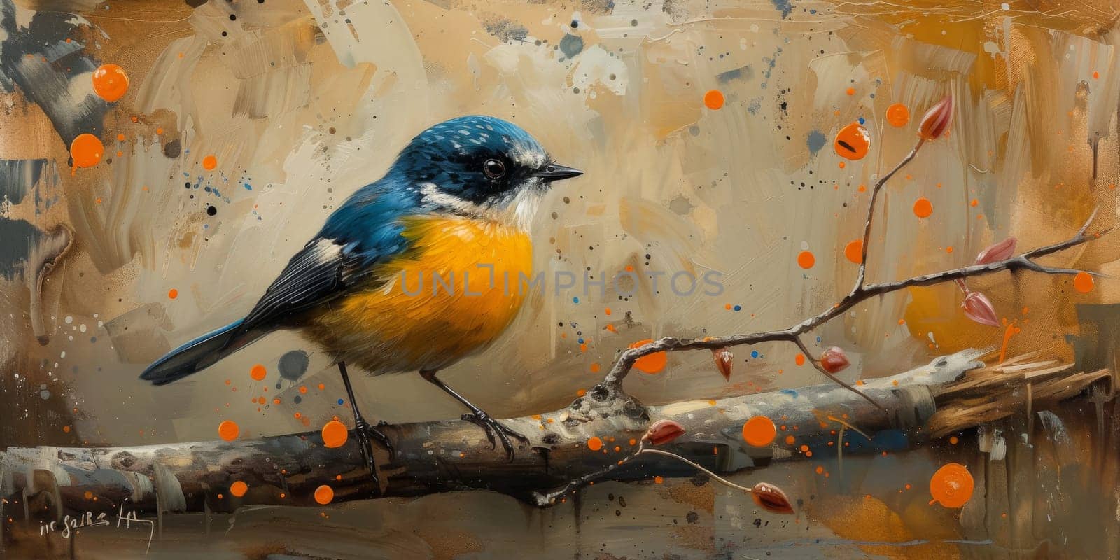 Little beautiful bird with hand draw and paint color background illustration.