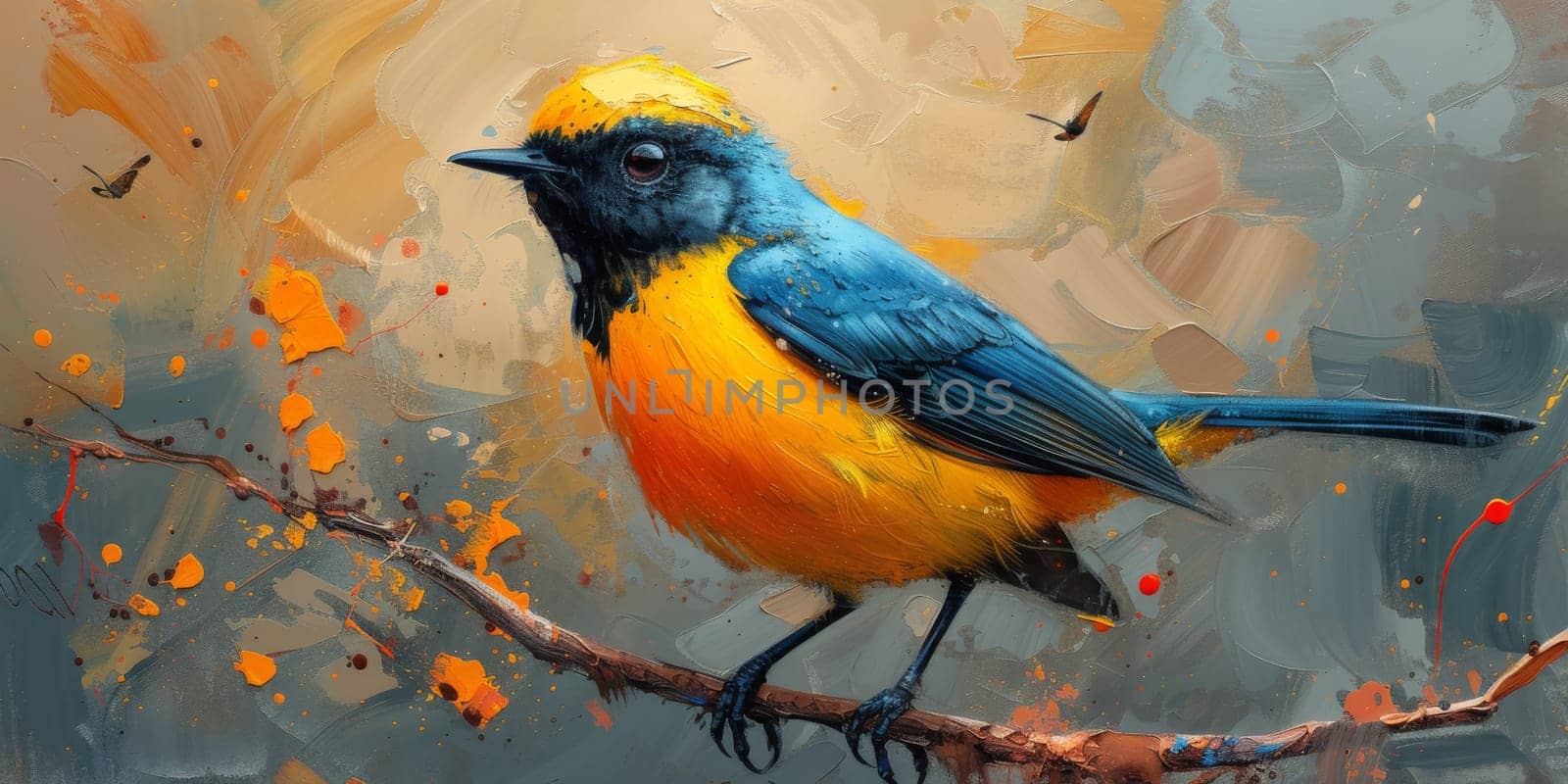 Little beautiful bird with hand draw and paint color background illustration.