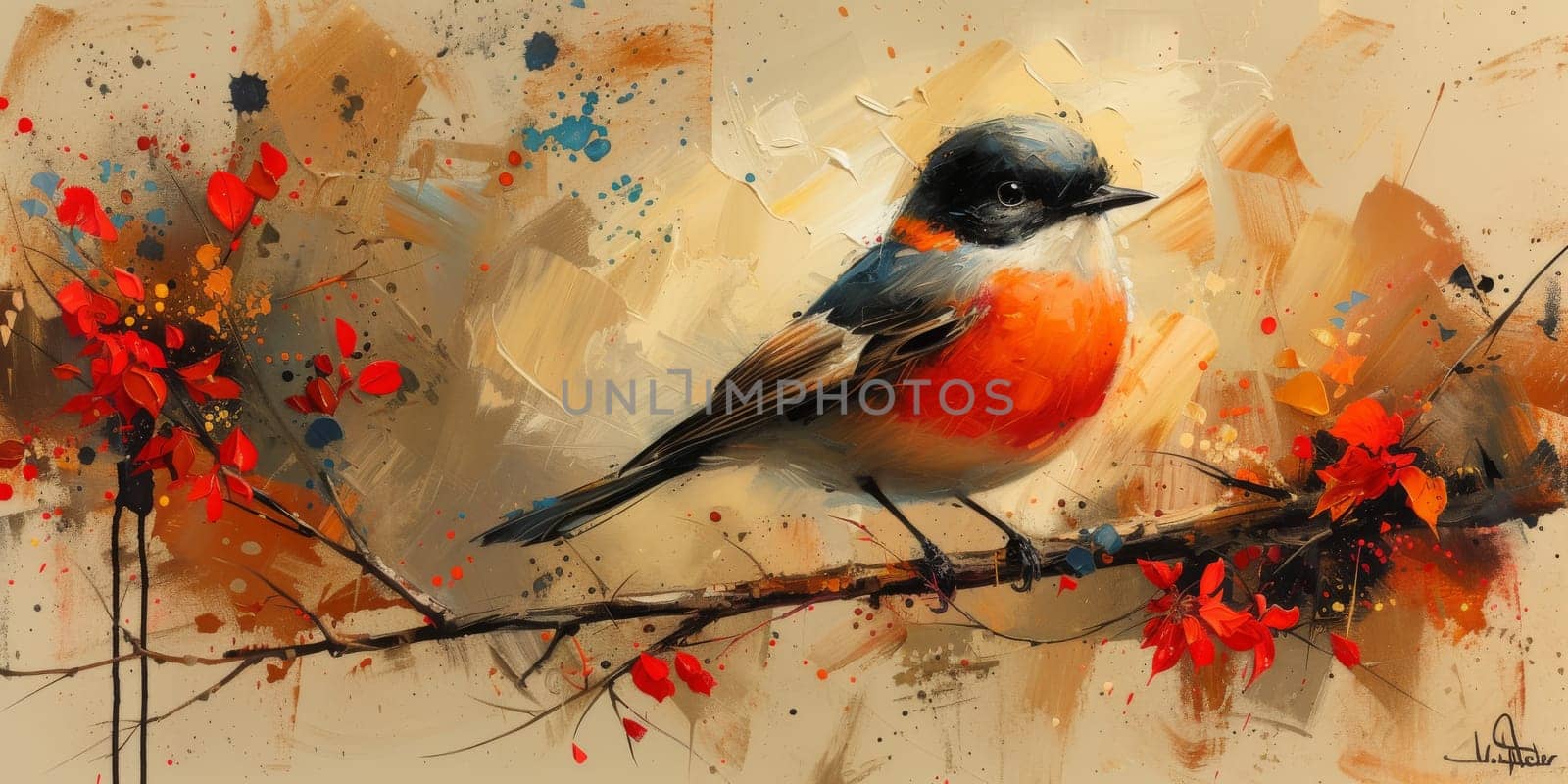 Little beautiful bird with hand draw and paint color background illustration.