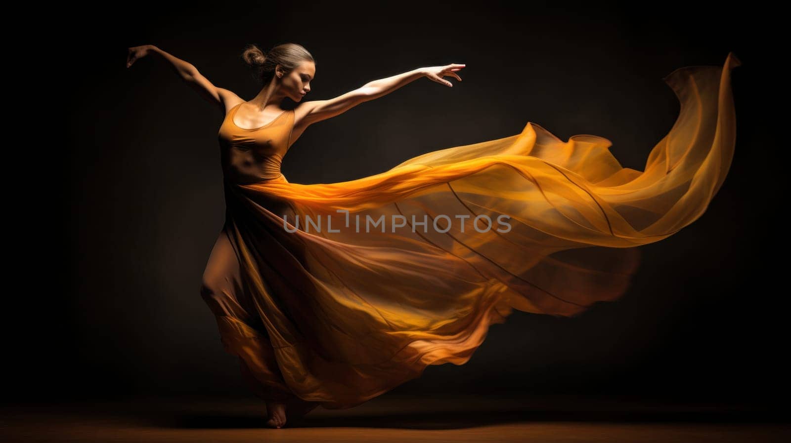 A woman in a long dress dancing with her arms outstretched, AI by starush