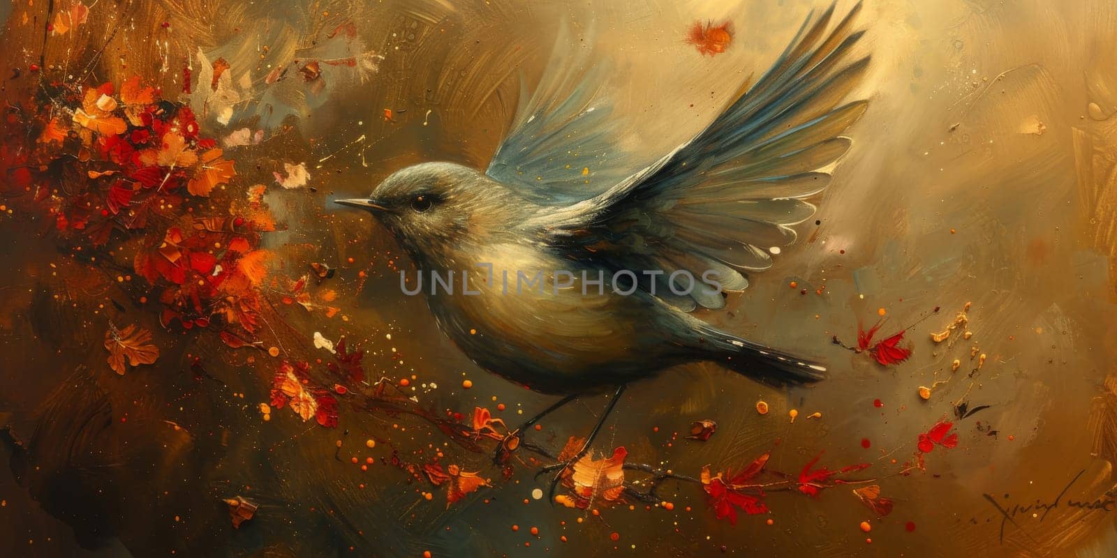 Little beautiful bird with hand draw and paint color background illustration.