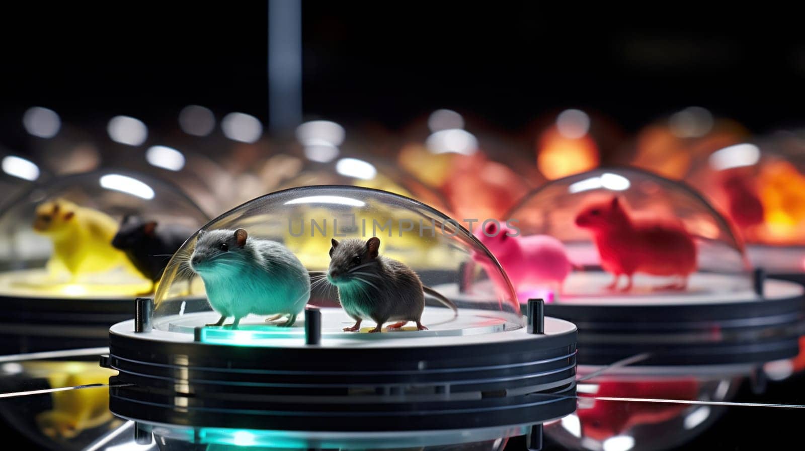 A group of small mice in glass domes on a table, AI by starush