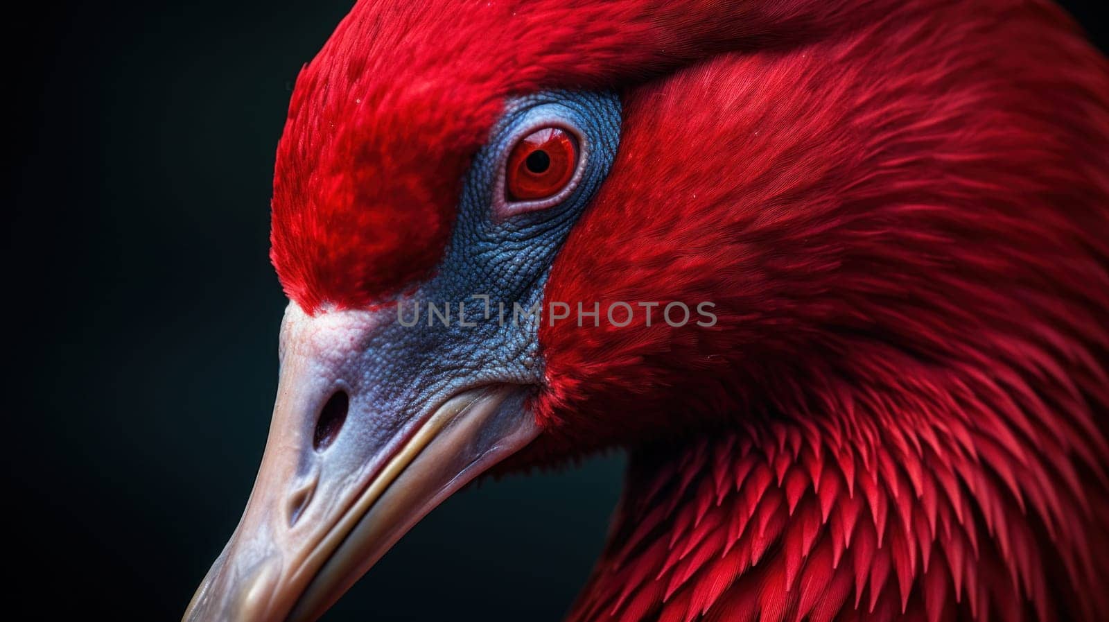 A close up of a red bird with blue eyes and feathers