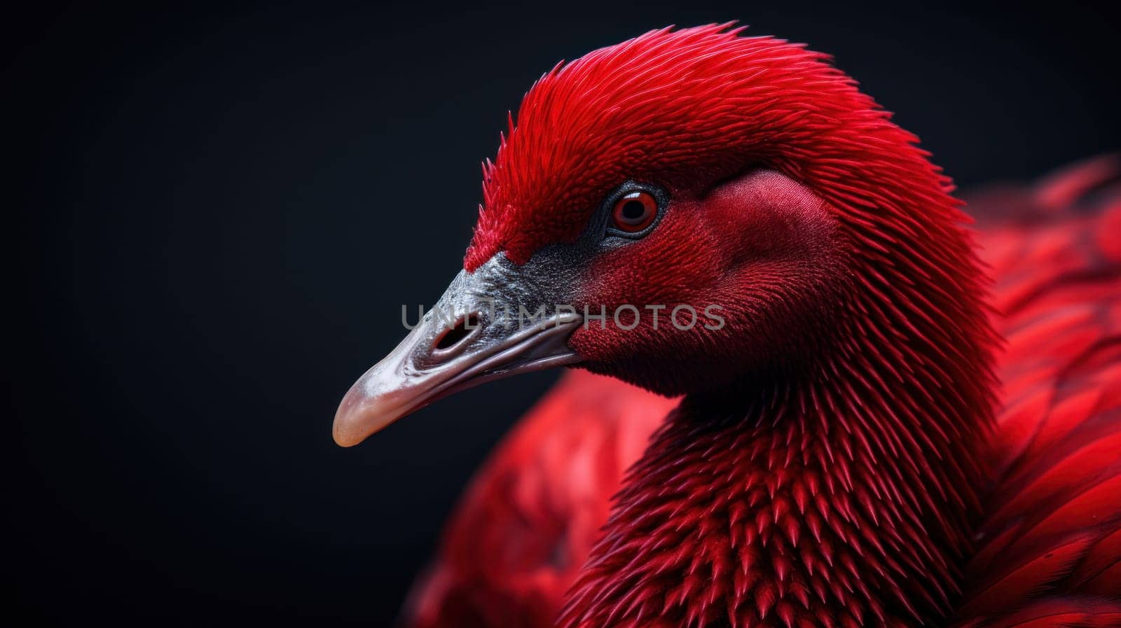 A close up of a red bird with black background