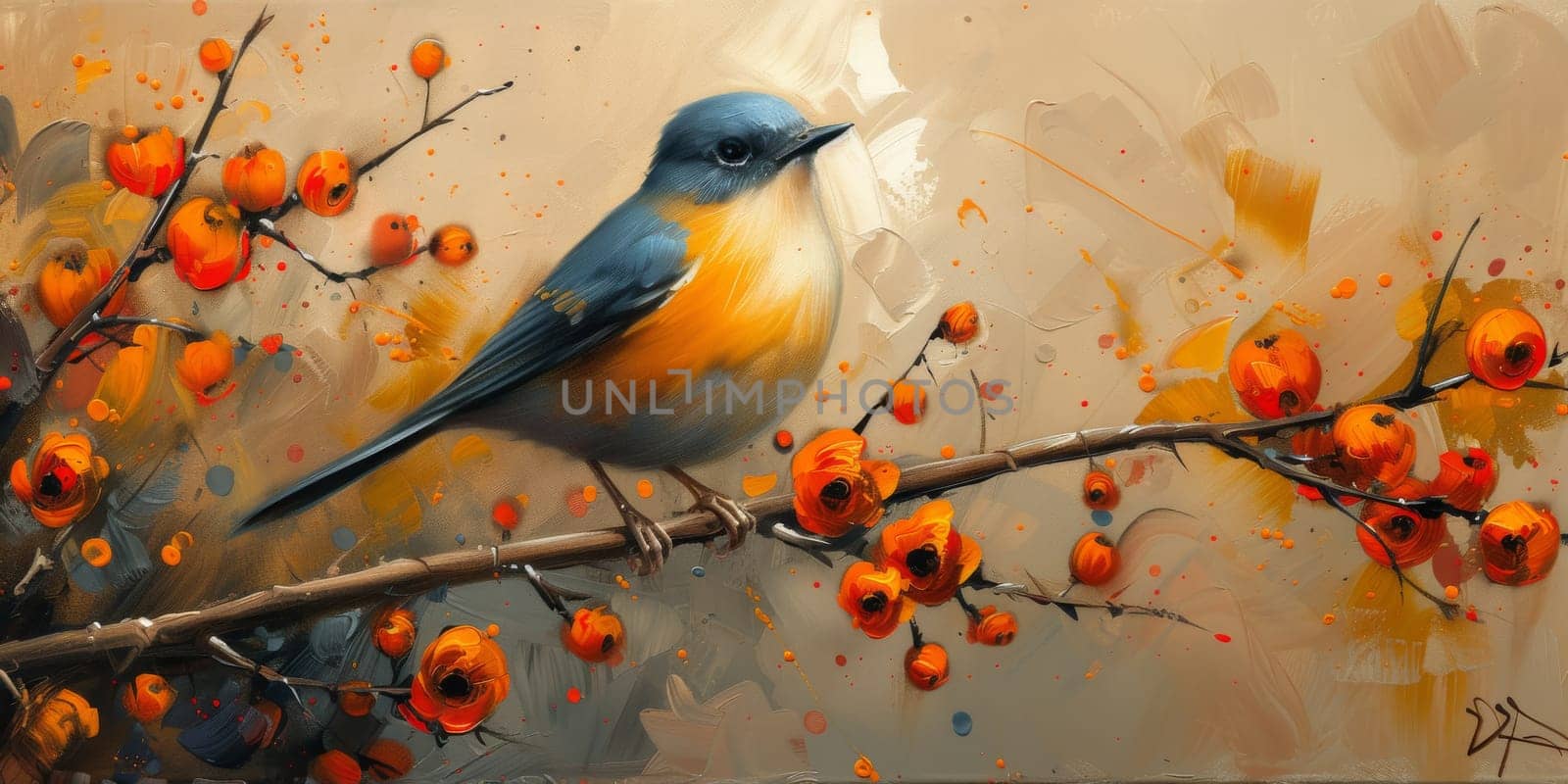 Little beautiful bird with hand draw and paint color background illustration.