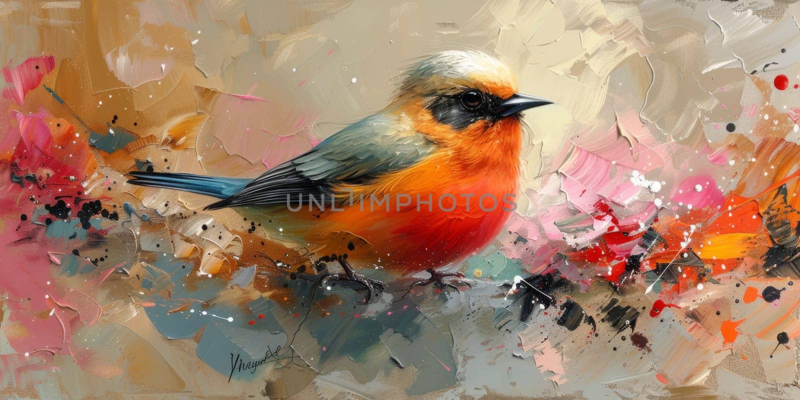 Little beautiful bird with hand draw and paint color background illustration.