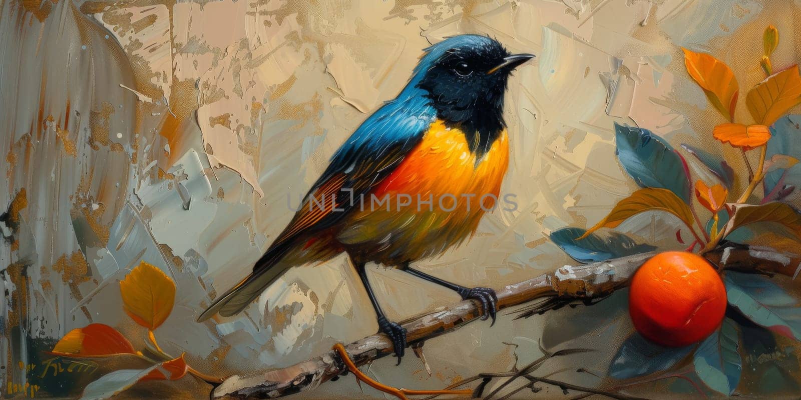 Little beautiful bird with hand draw and paint color background illustration.