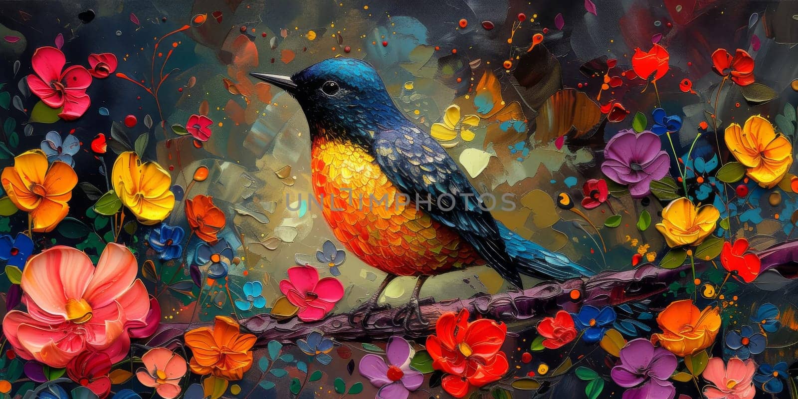 Little beautiful bird with hand draw and paint color background illustration.