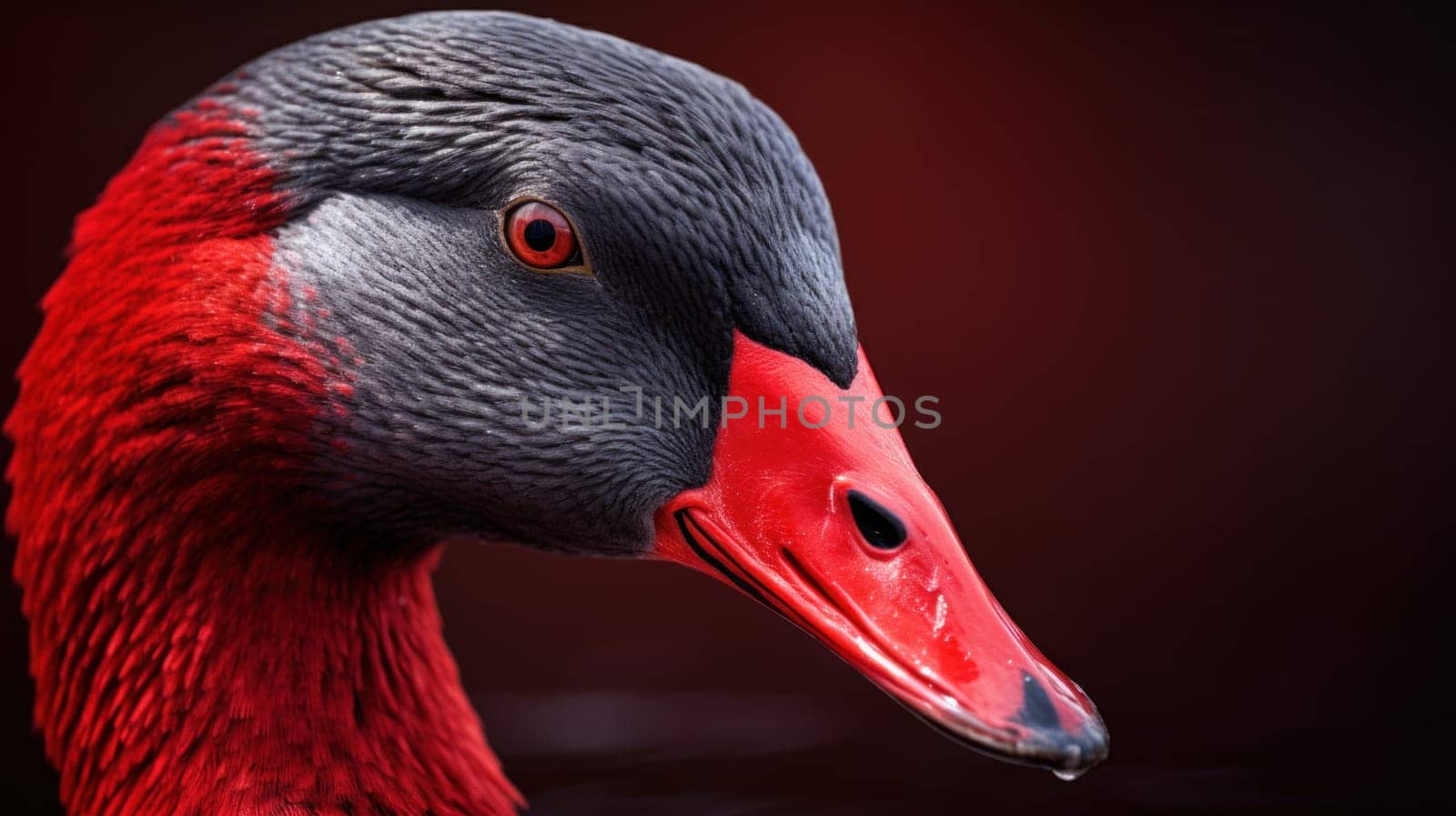 A close up of a red and black bird with grey beak