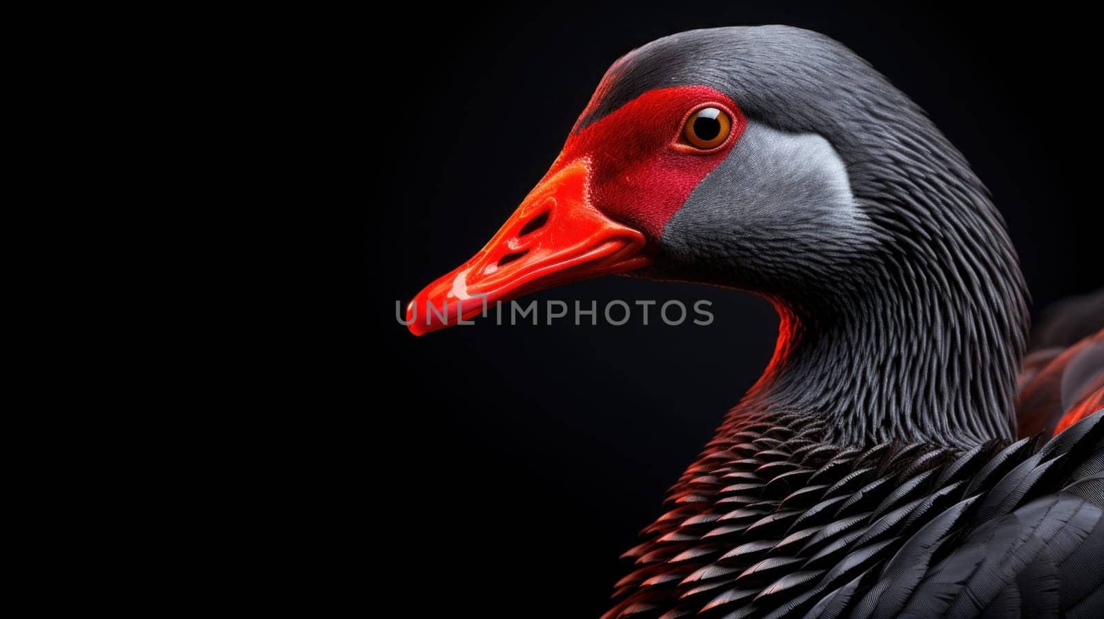 A close up of a bird with red eyes and orange beak