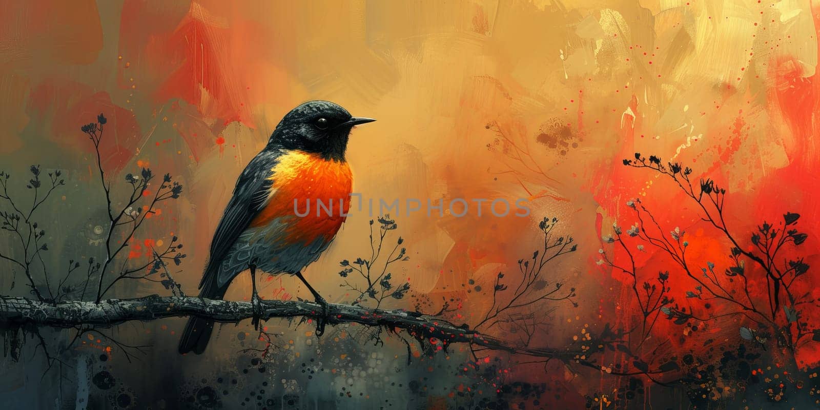 Little beautiful bird with hand draw and paint color background illustration.