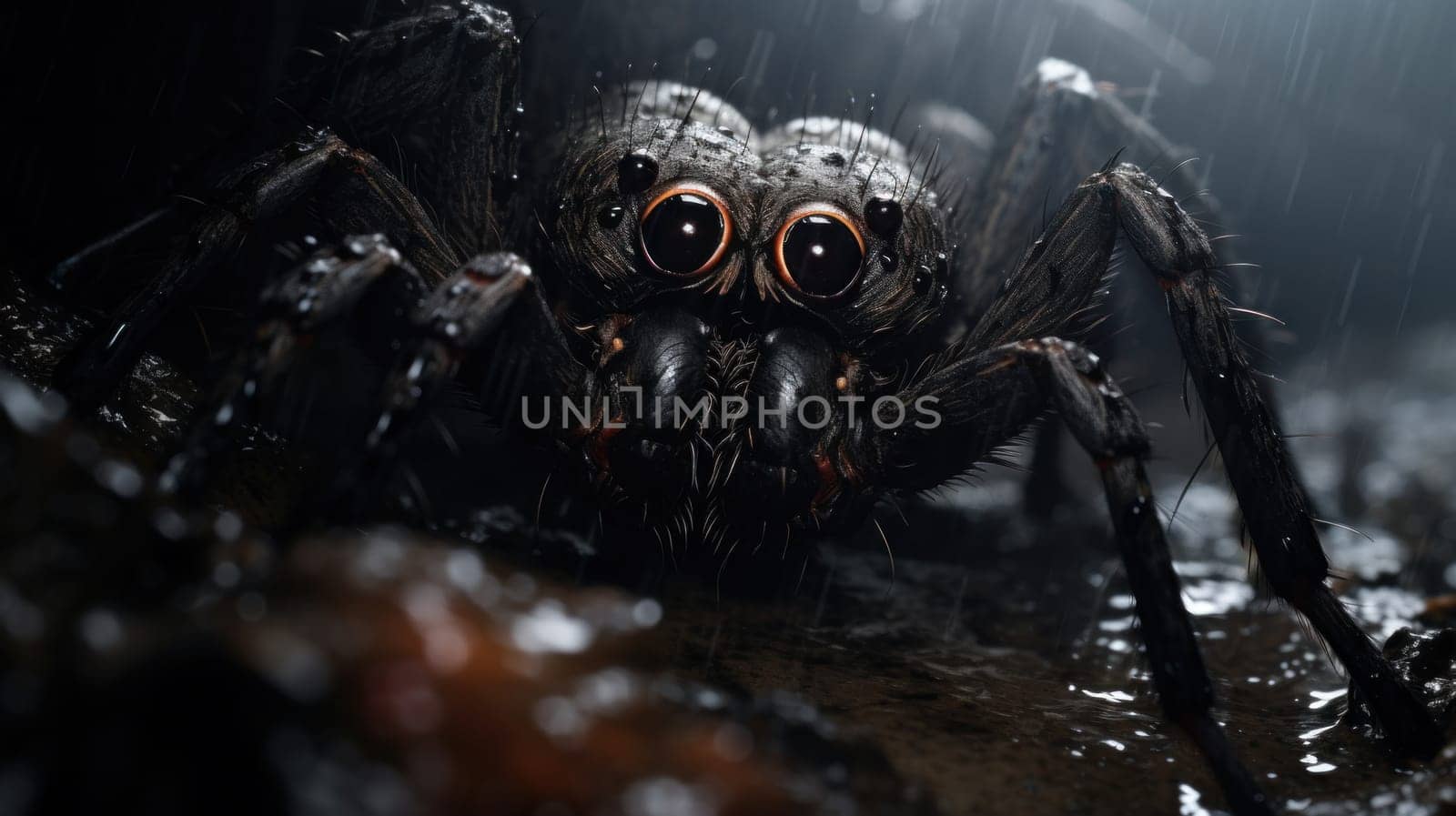 A close up of a spider with big eyes in the rain