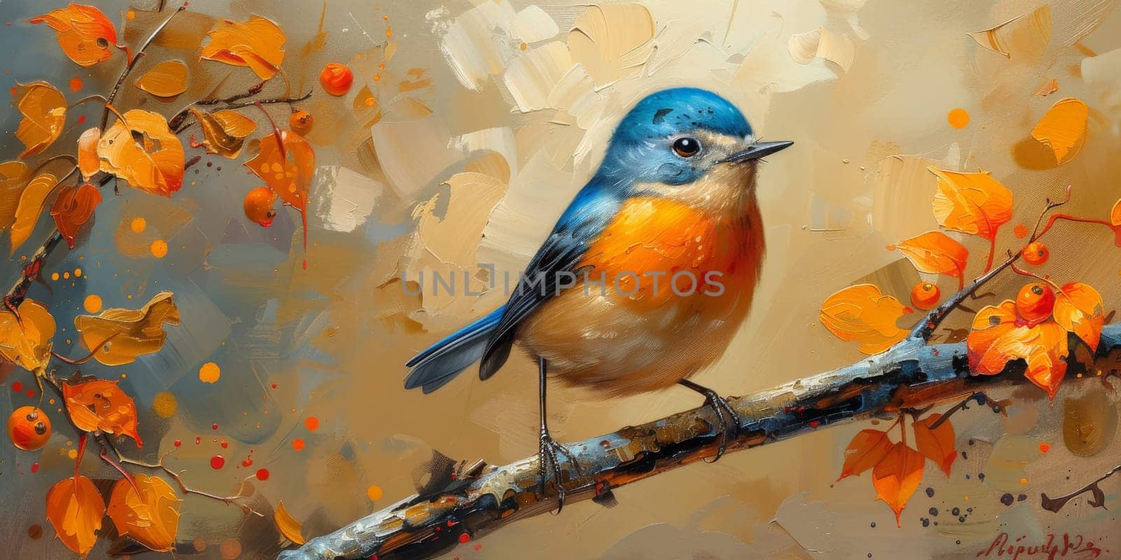 Little beautiful bird with hand draw and paint color background illustration.