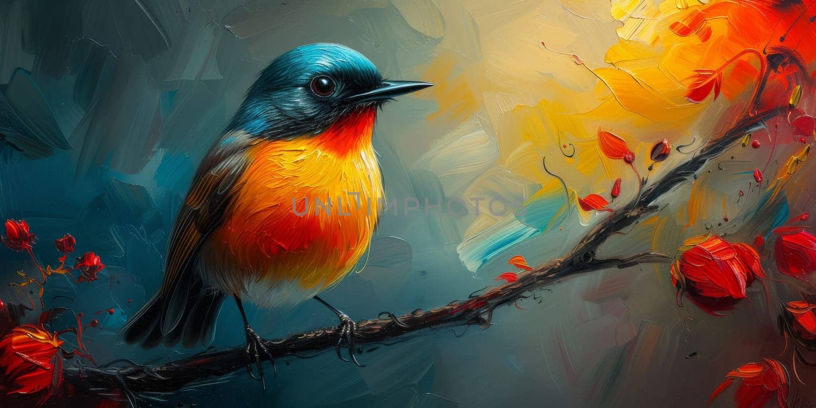 Little beautiful bird with hand draw and paint color background illustration.