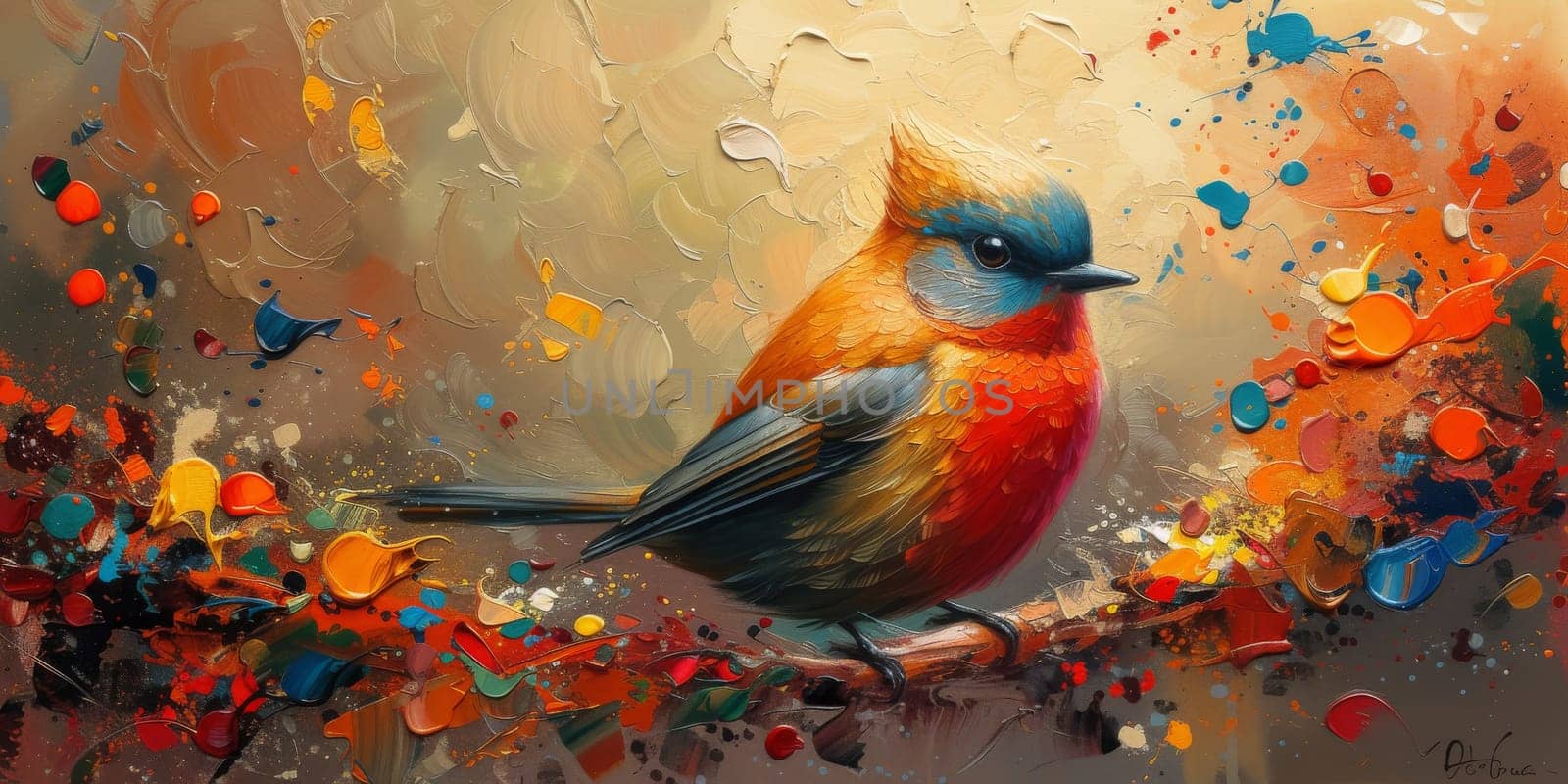 Little beautiful bird with hand draw and paint color background illustration.