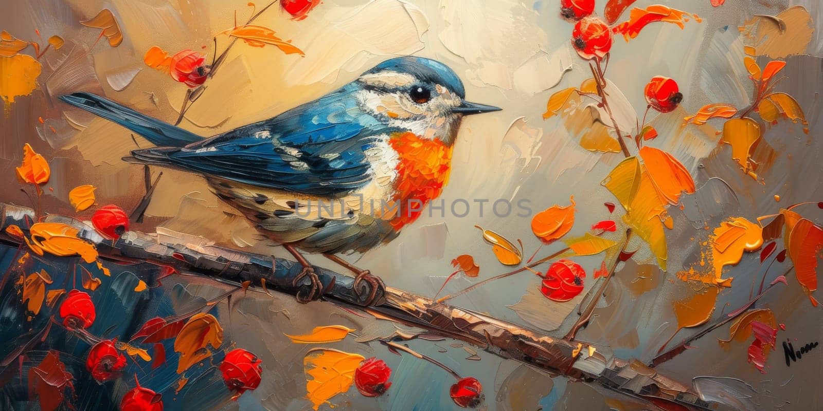 Little beautiful bird with hand draw and paint color background illustration.