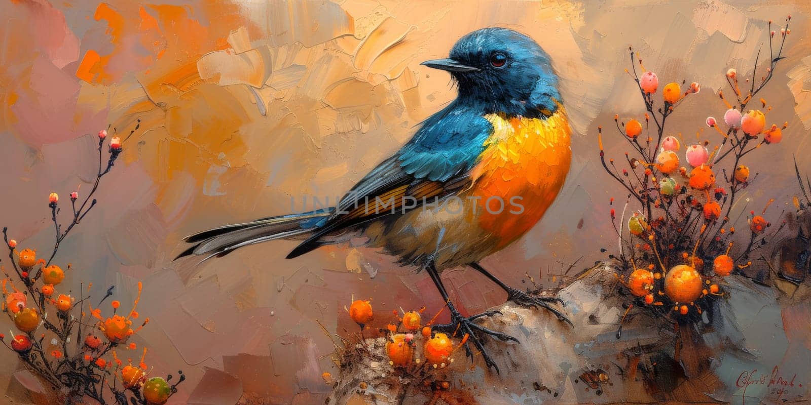 Little beautiful bird with hand draw and paint color background illustration.