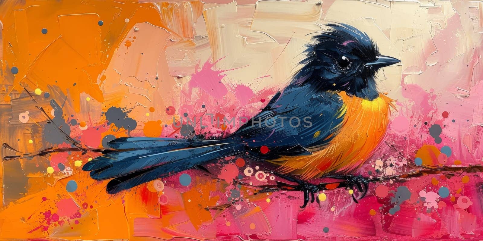 Little beautiful bird with hand draw and paint color background illustration.