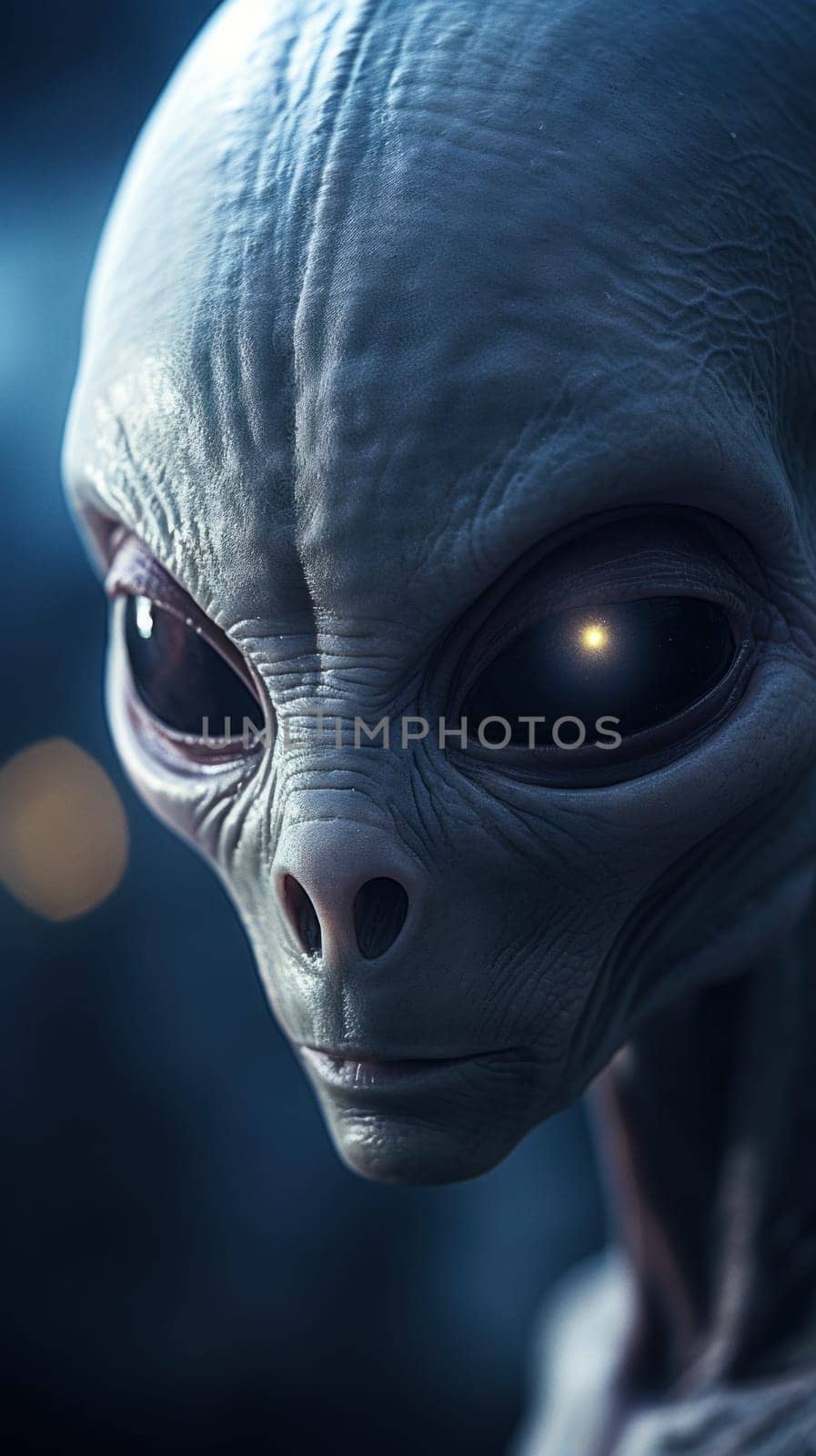 A close up of a alien looking face with glowing eyes
