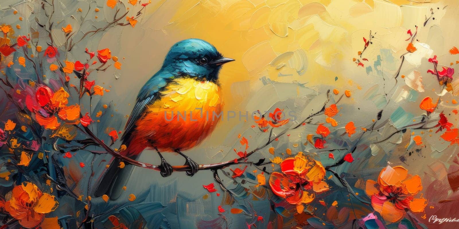 Little beautiful bird with hand draw and paint color background illustration.