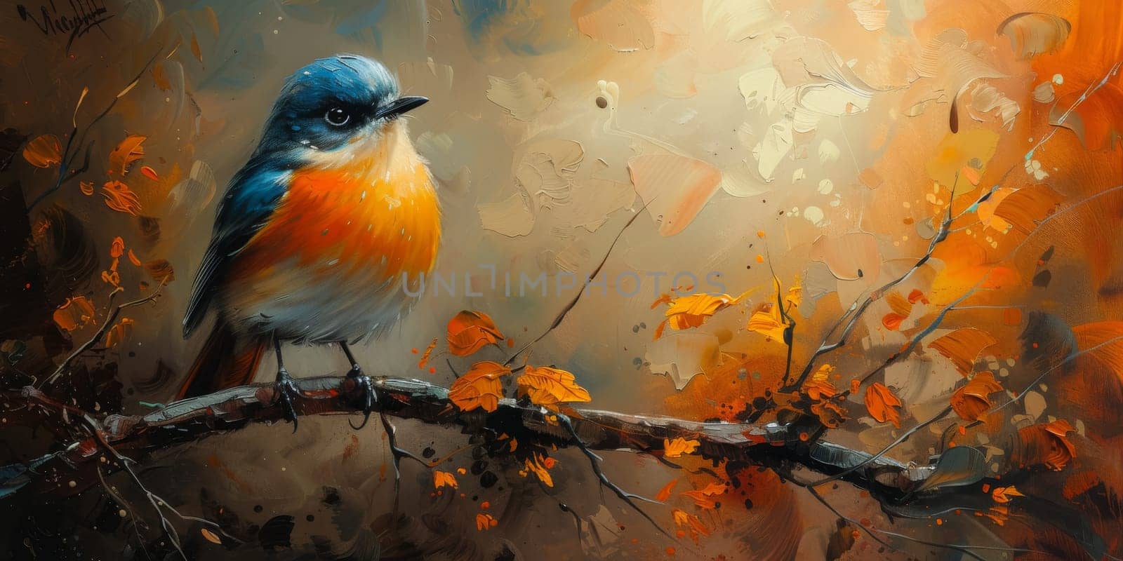 Little beautiful bird with hand draw and paint color background illustration.