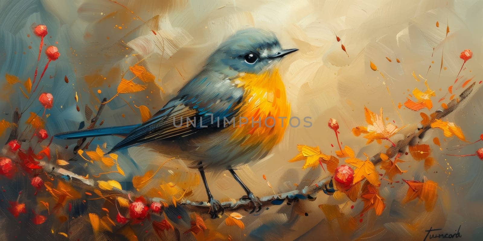 Little beautiful bird with hand draw and paint color background illustration.