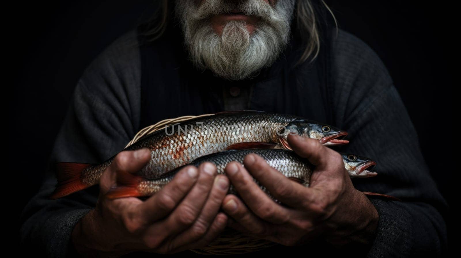 A man with a beard holding two fish in his hands, AI by starush