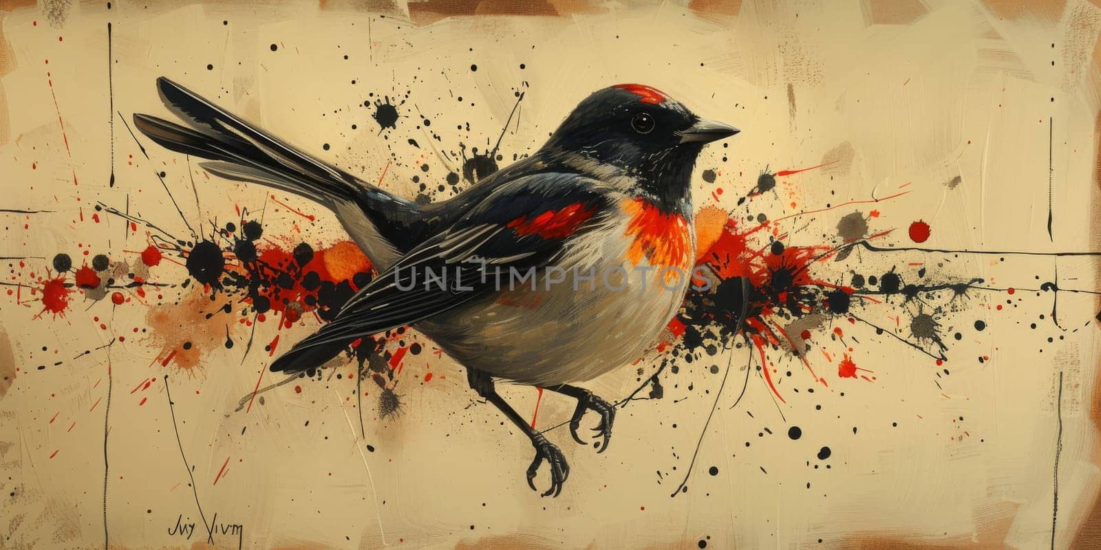 Little beautiful bird with hand draw and paint color background illustration.