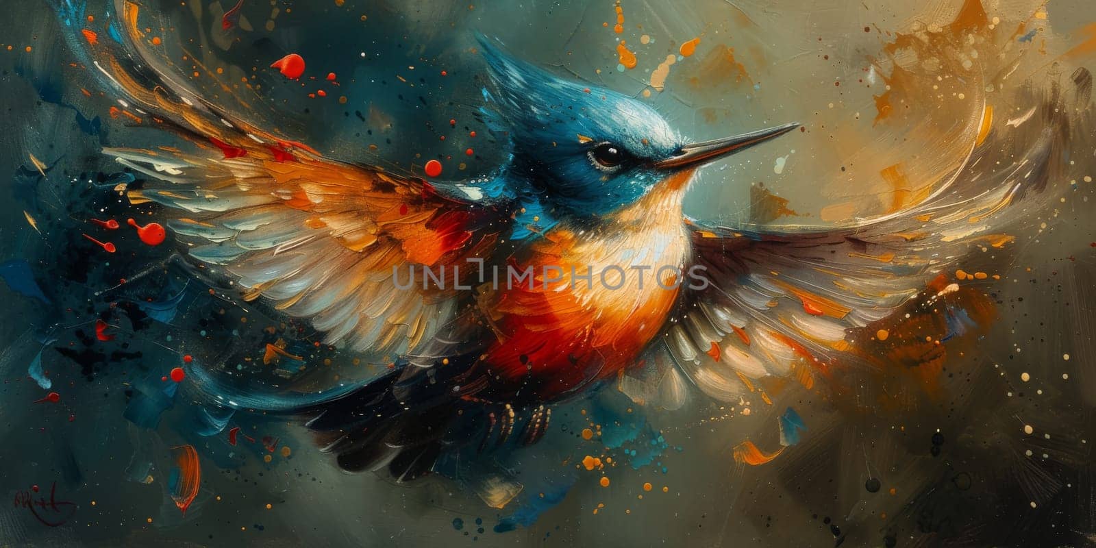 Little beautiful bird with hand draw and paint color background illustration.