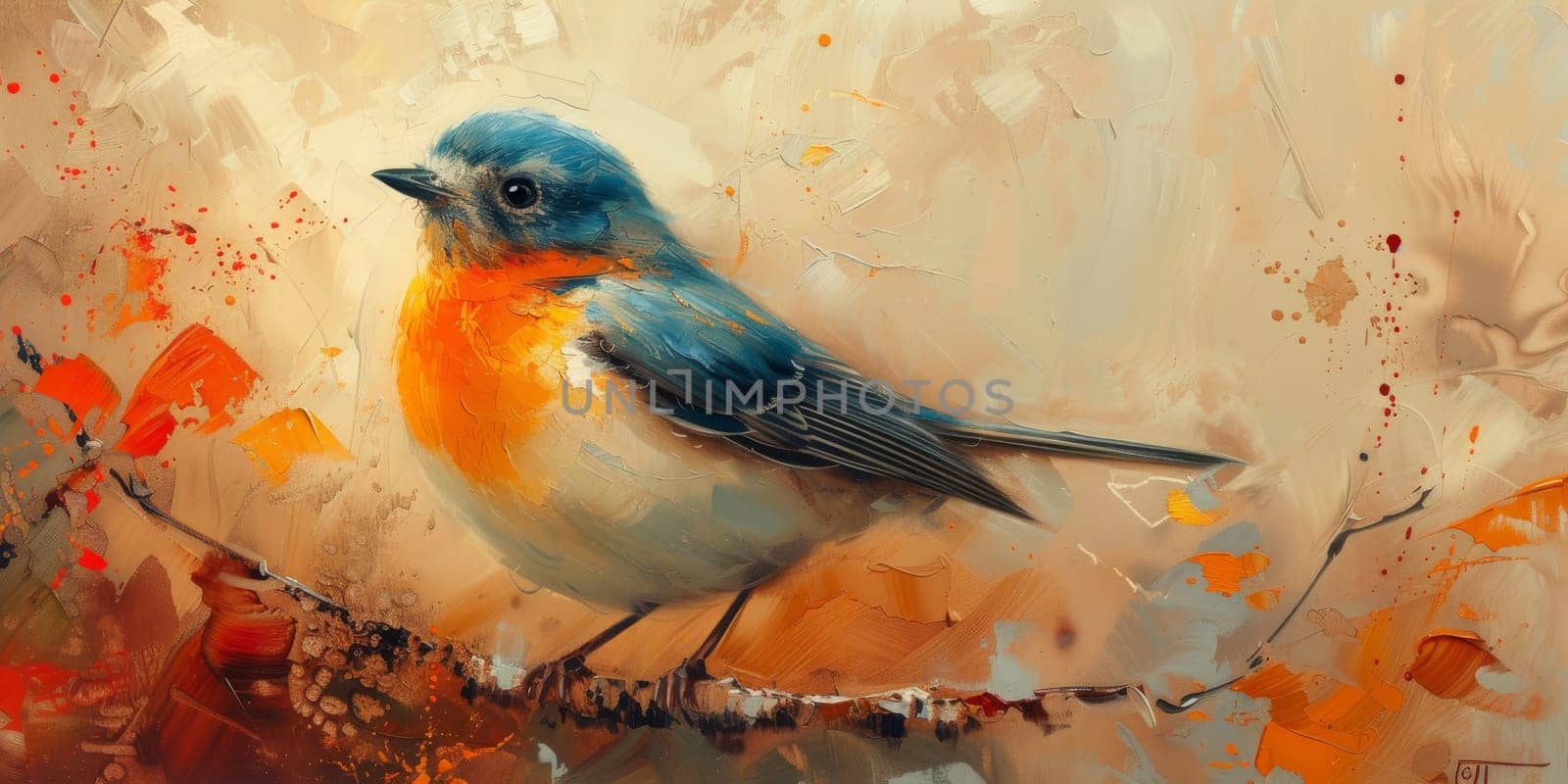 Little beautiful bird with hand draw and paint color background illustration.