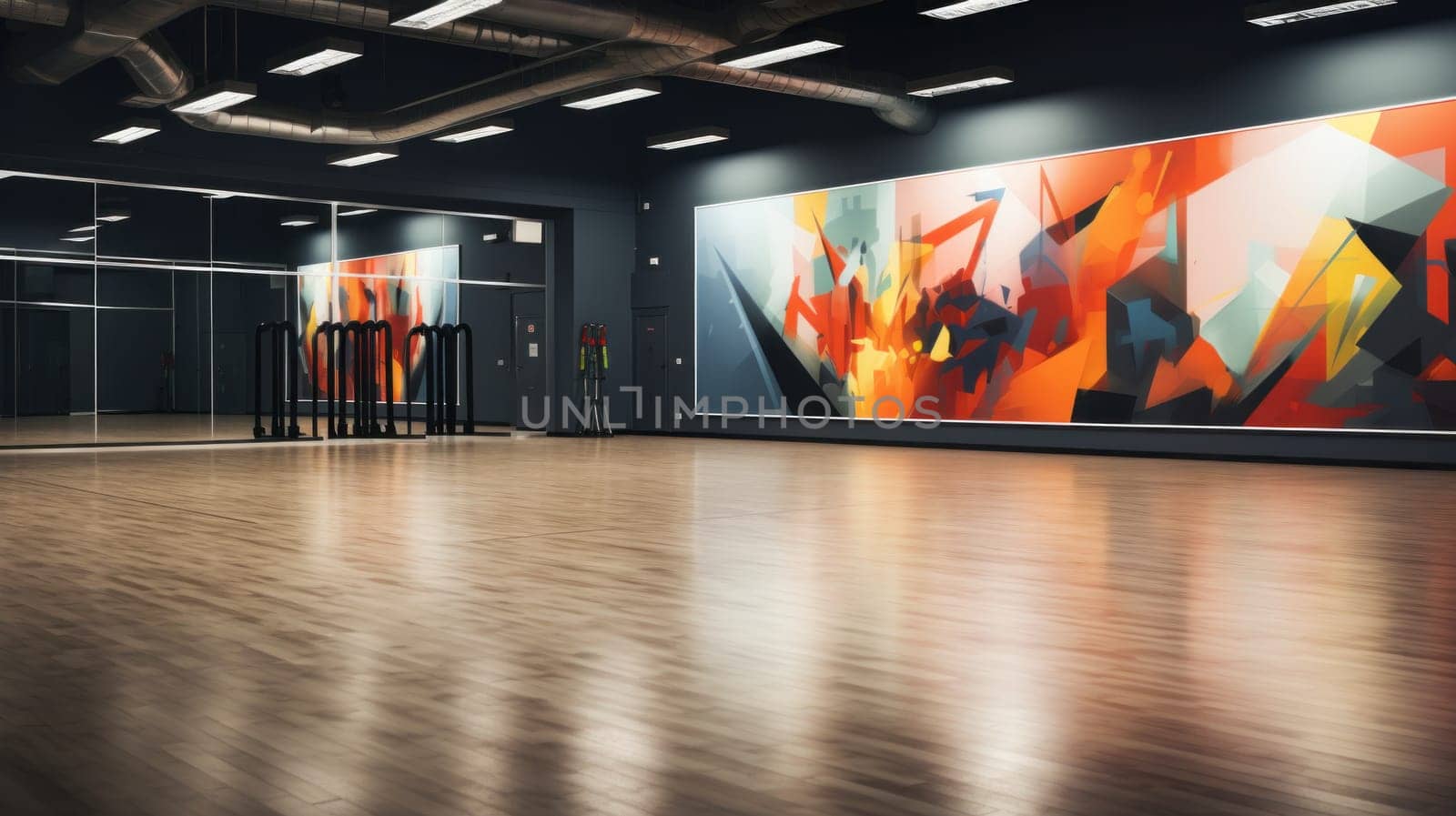 A large painting on the wall of a dance studio
