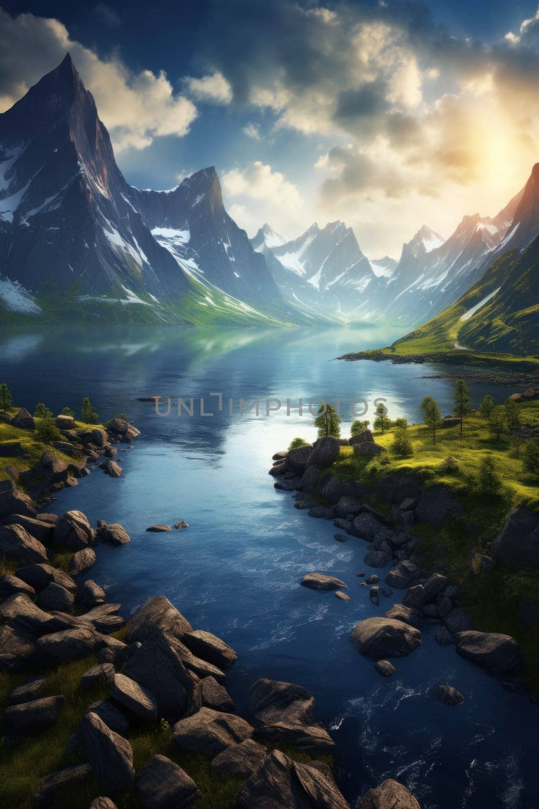 A beautiful mountain landscape with a river and rocks