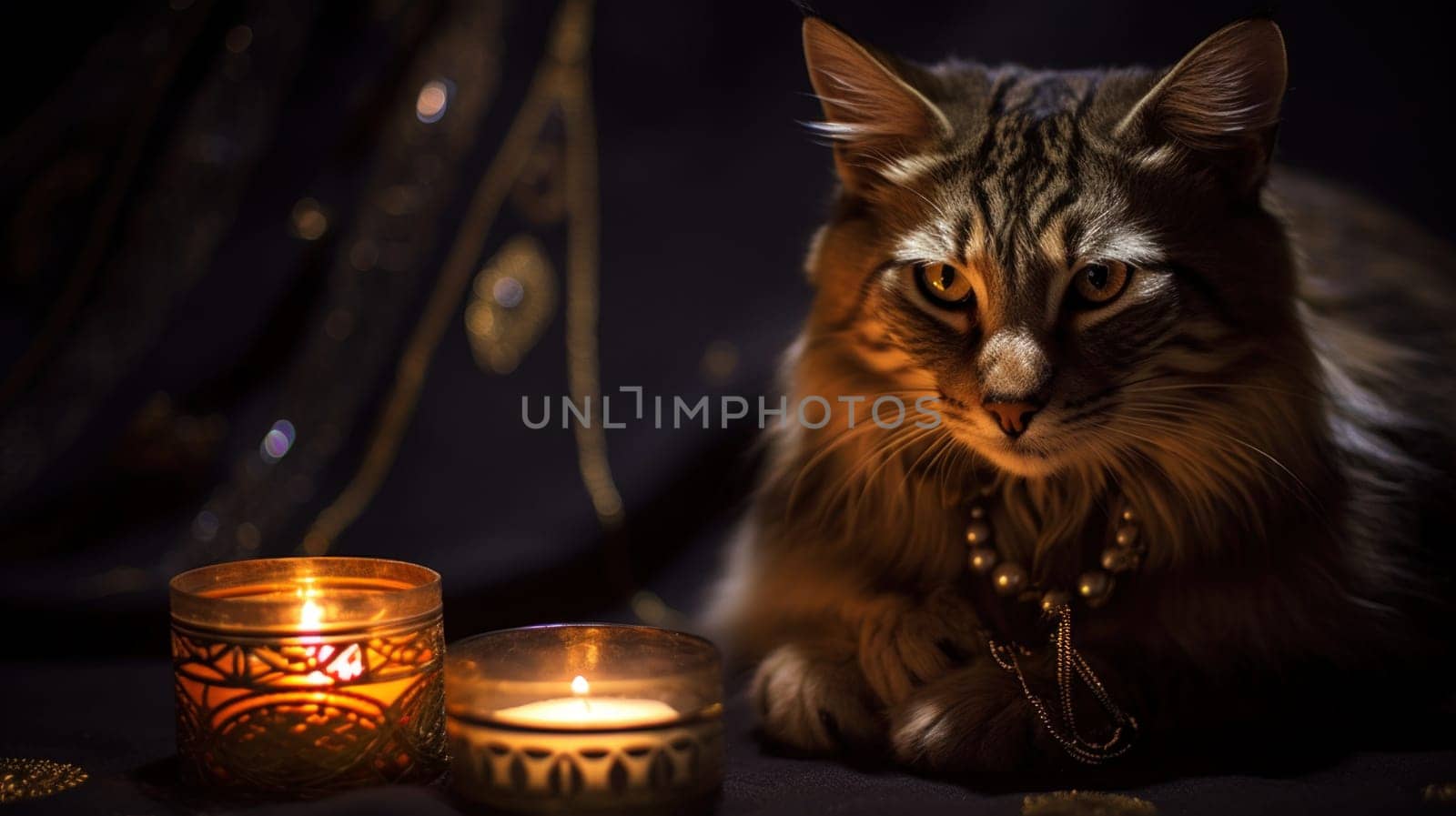 A cat sitting next to a candle and two other candles, AI by starush