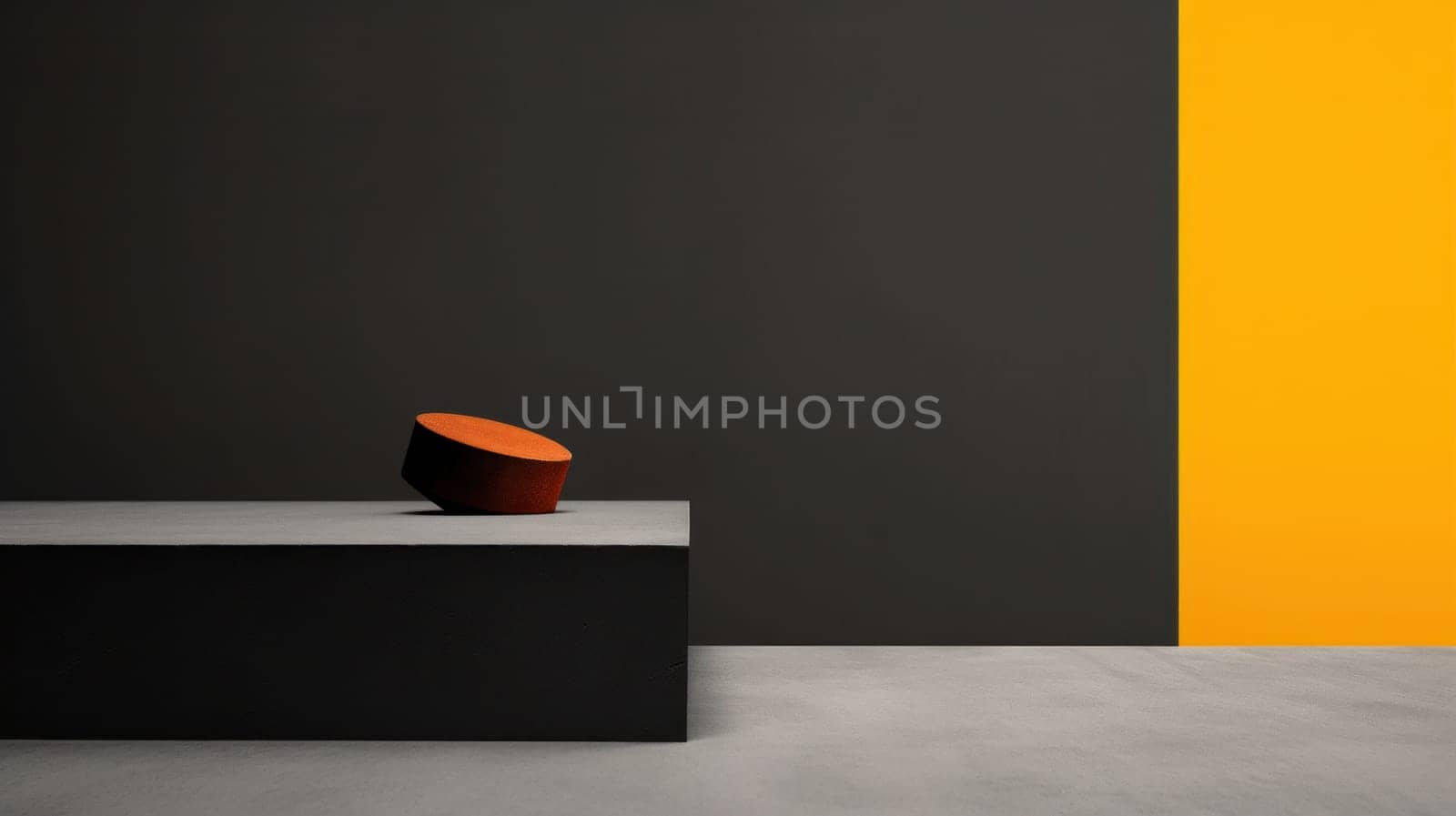A red object sitting on a black and yellow wall