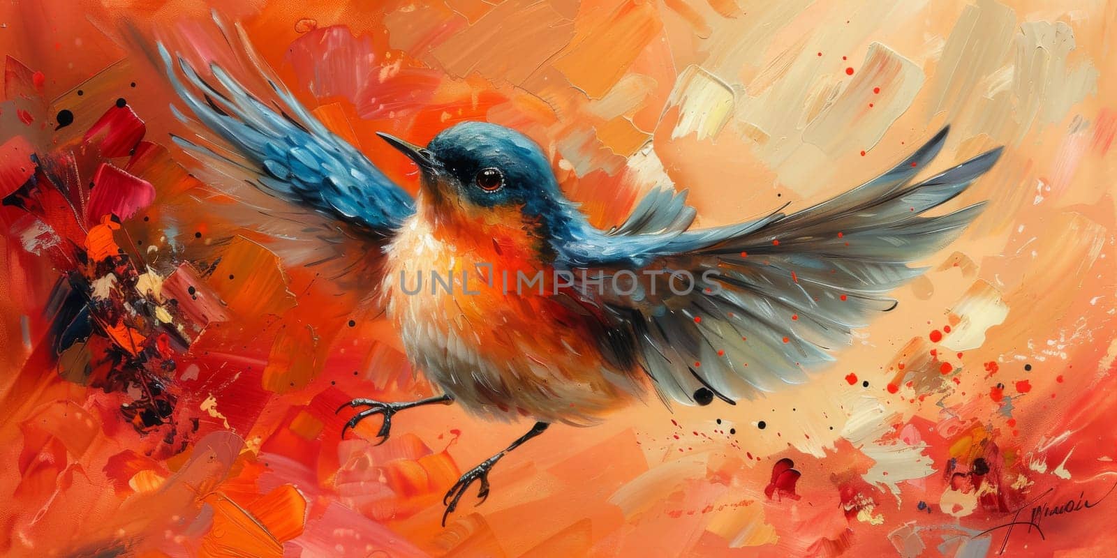 Little beautiful bird with hand draw and paint color background illustration.