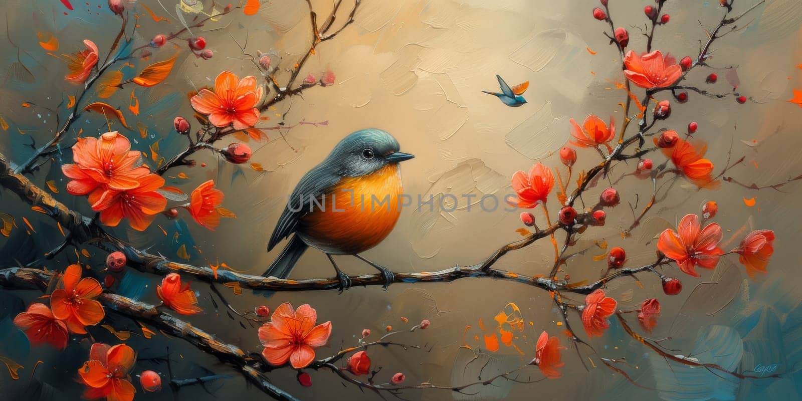 Little beautiful bird with hand draw and paint color background illustration.