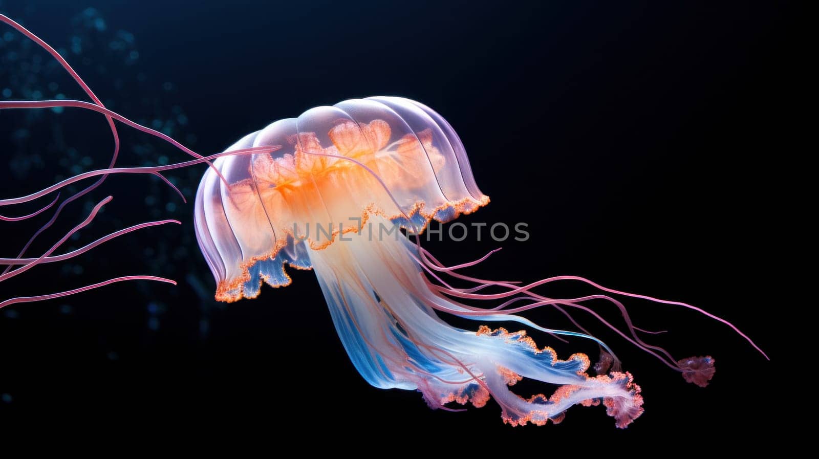 A jellyfish is swimming in the ocean with its tentacles, AI by starush