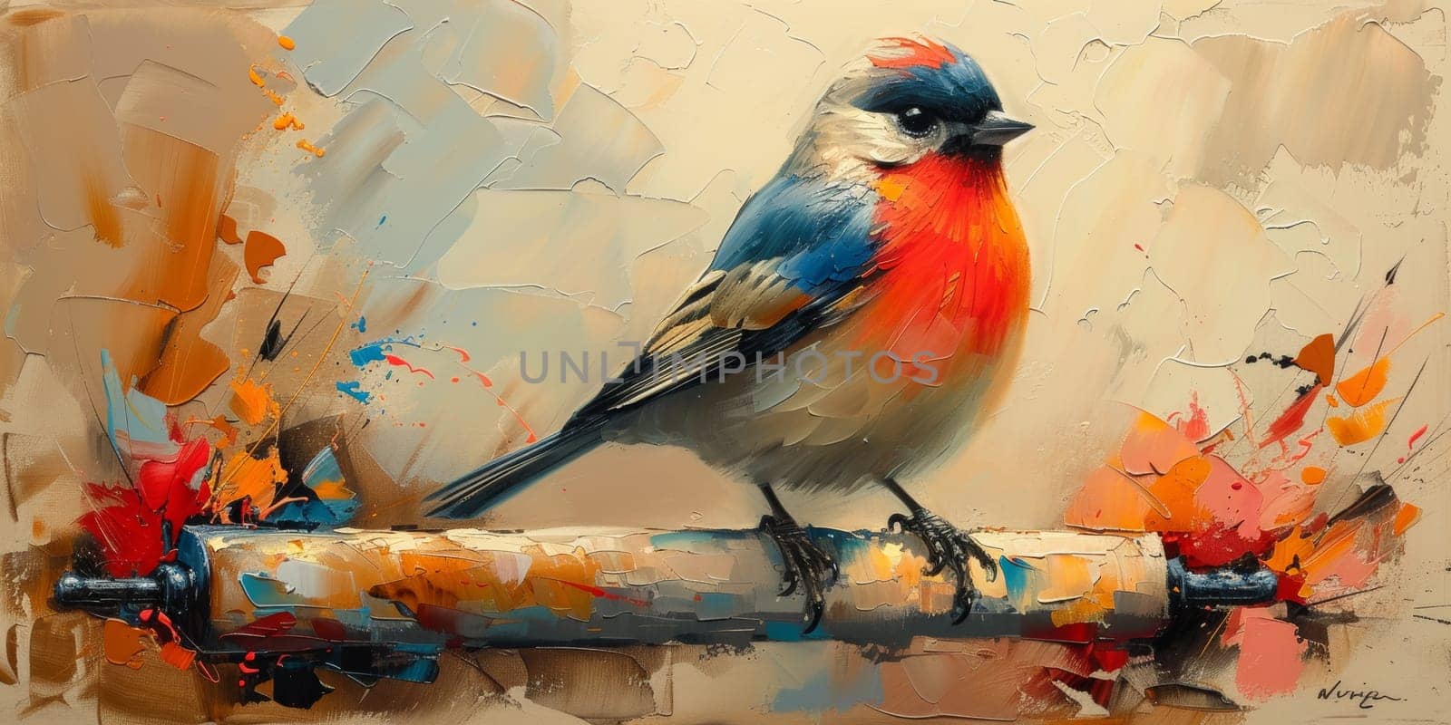 Little beautiful bird with hand draw and paint color background illustration.