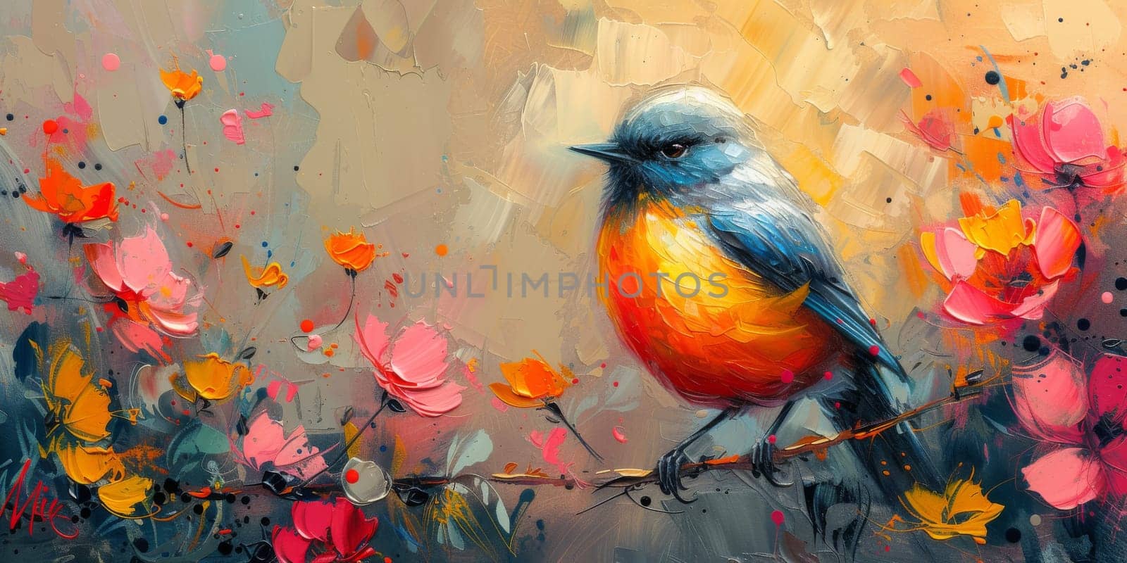 Little beautiful bird with hand draw and paint color background illustration by Benzoix