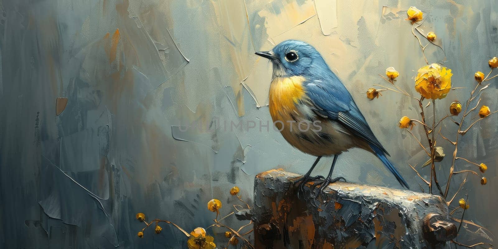 Little beautiful bird with hand draw and paint color background illustration.